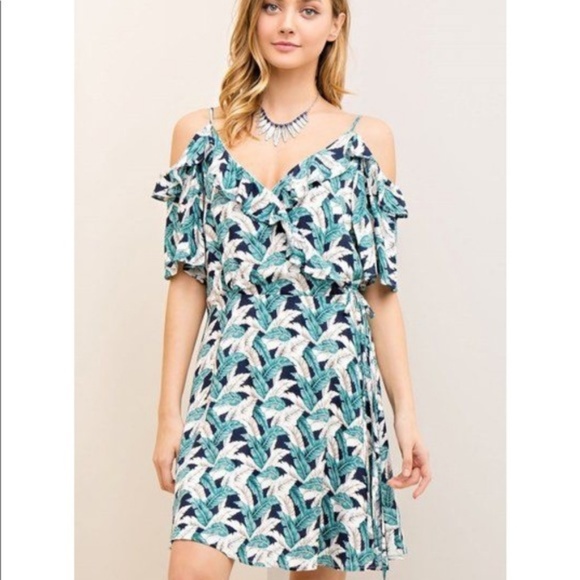 Entro Leaf Print Wrap Mini Dress Sz L (K-57) - Picture 1 of 6
